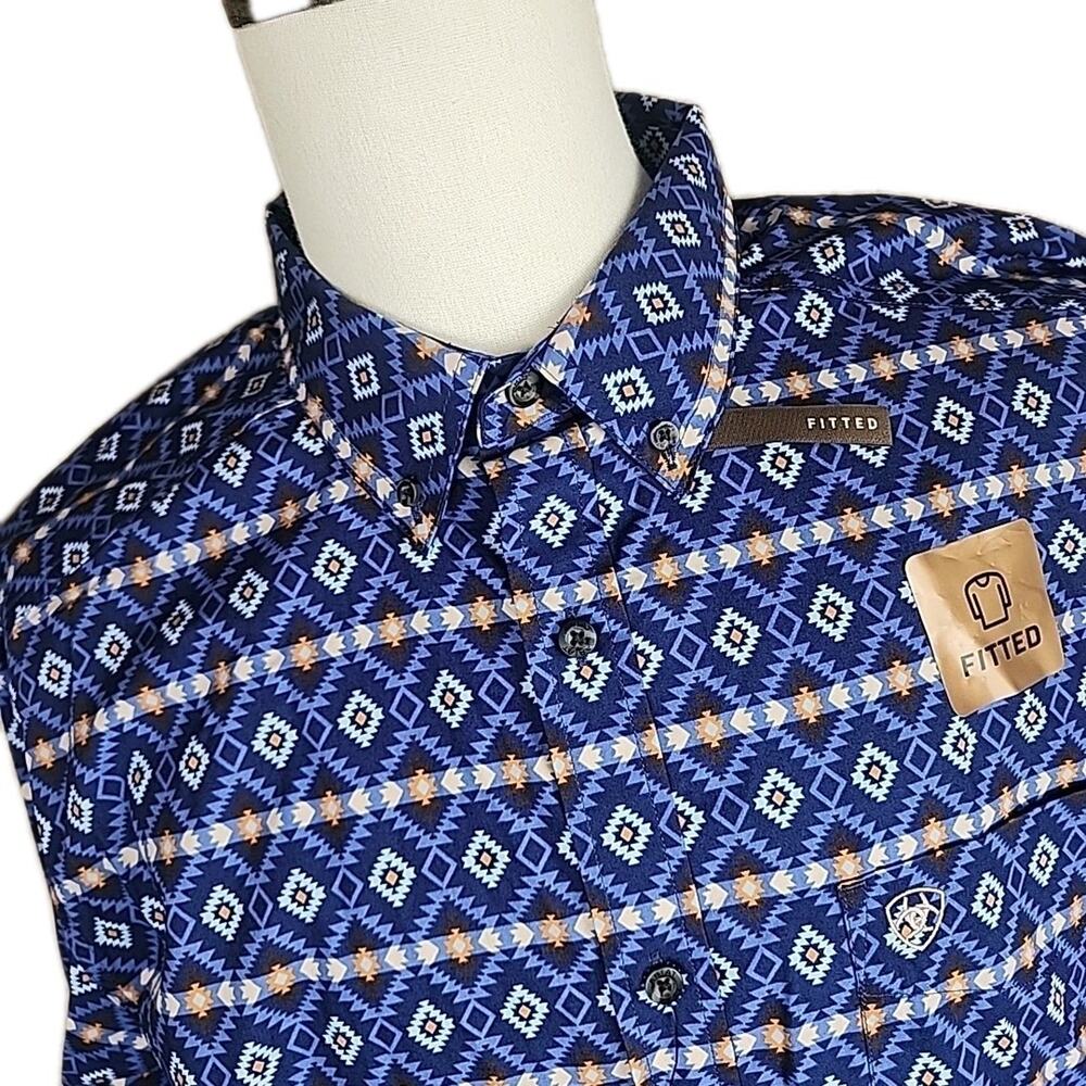 Ariat Men's Connor Long Sleeve Fitted Button Down Western Shirt Blue Aztec Sz XL